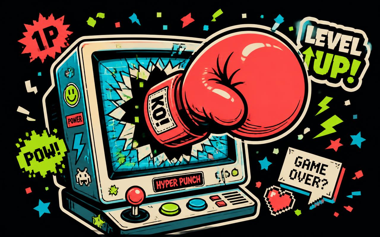 Cartoon boxing glove bursting out of a retro arcade screen